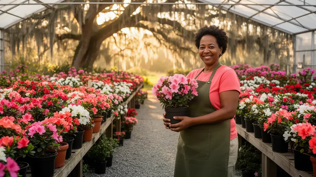 Smiling nursery owner in a green apron holds a pink azalea pot in a greenhouse aisle of blooming azaleas