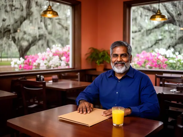 Smiling grey-bearded man in a navy shirt sits at a cafe table with a folder and orange juice